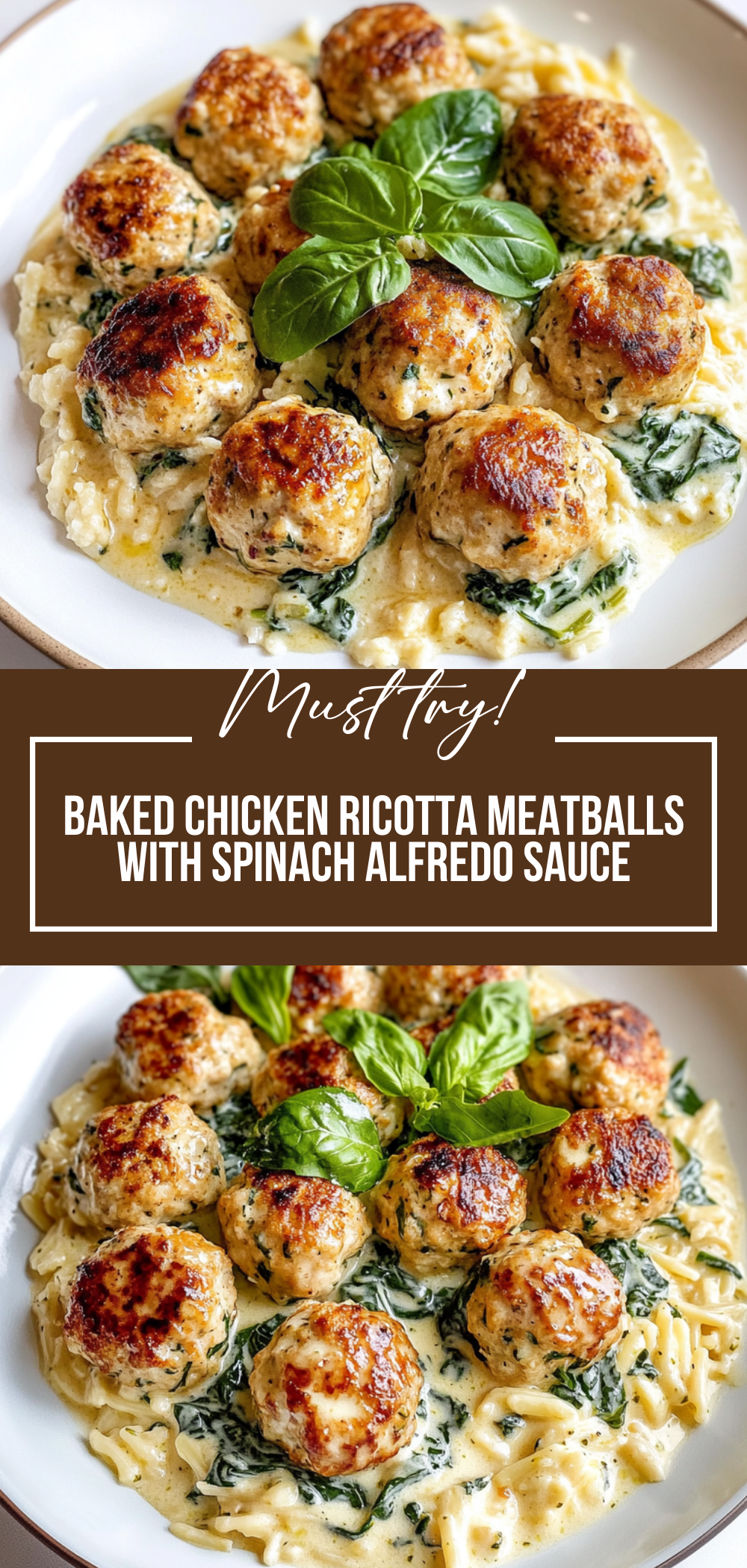 Baked Chicken Ricotta Meatballs with Spinach Alfredo Sauce
