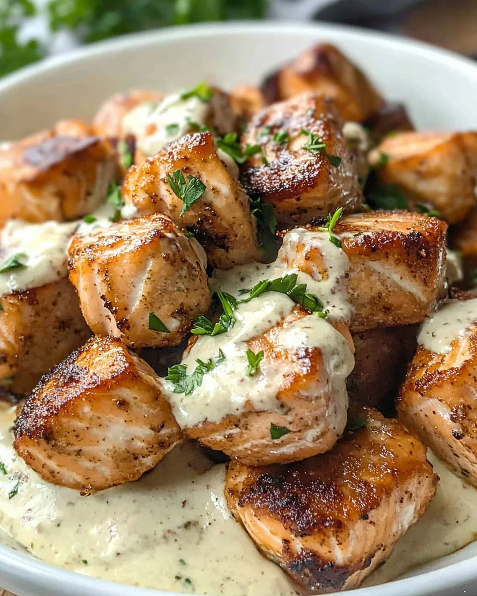 Air Fryer Salmon Bites with Garlic Cream Sauce