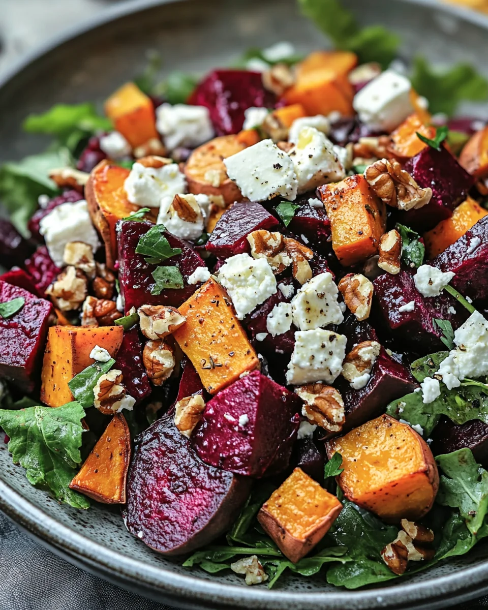 Creamy Roasted Beet Salad with Sweet Potato & Feta