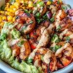 Grilled Shrimp Bowl with Avocado, Corn Salsa & Creamy Sauce Awaits You!