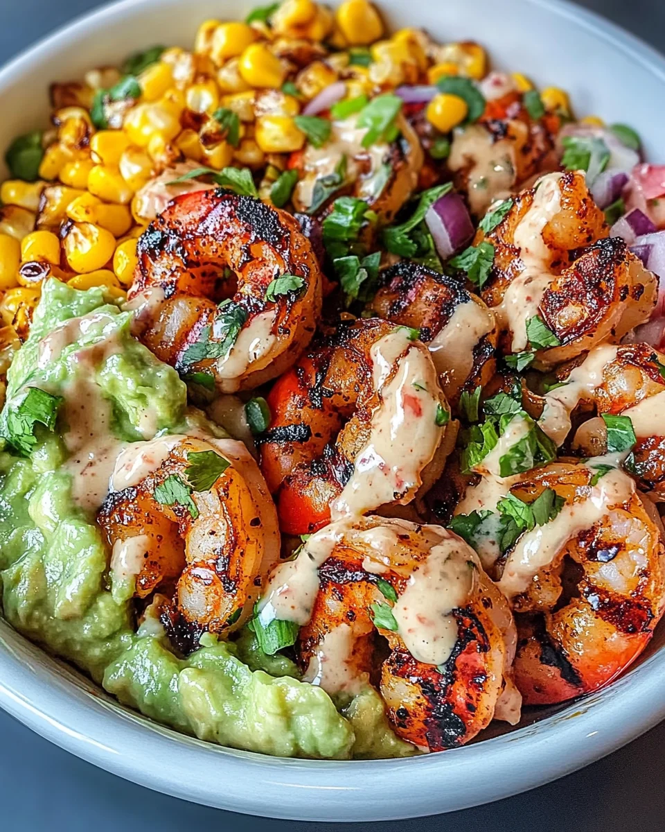 Grilled Shrimp Bowl with Avocado, Corn Salsa & Creamy Sauce Awaits You!