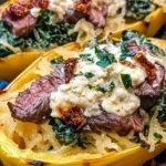 Keto Low Carb Steak Gorgonzola Alfredo Spaghetti Squash