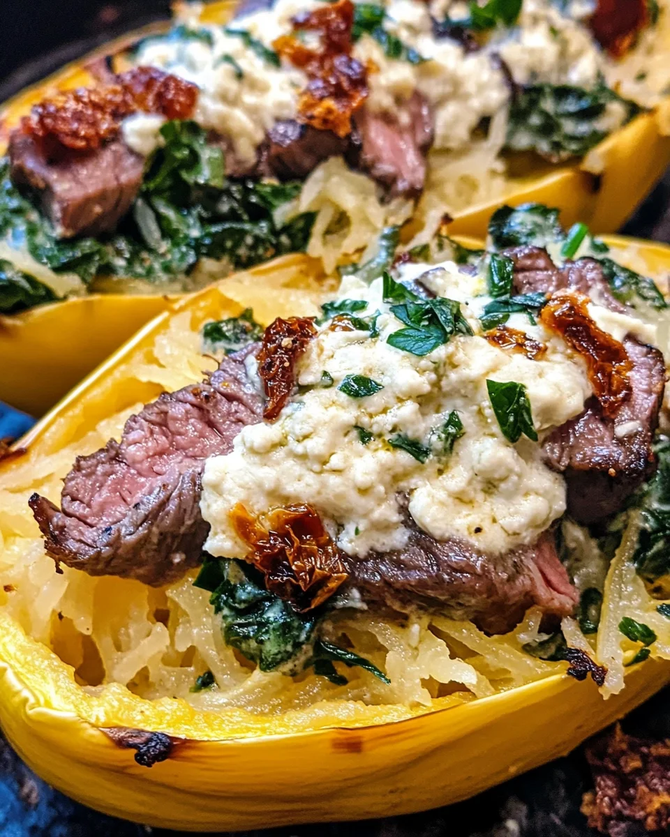 Keto Low Carb Steak Gorgonzola Alfredo Spaghetti Squash