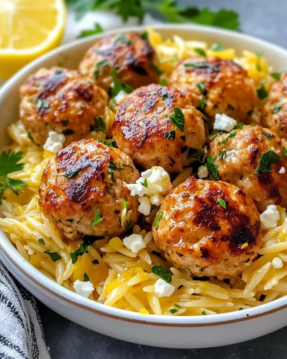 Greek Chicken Meatballs with Lemon Orzo