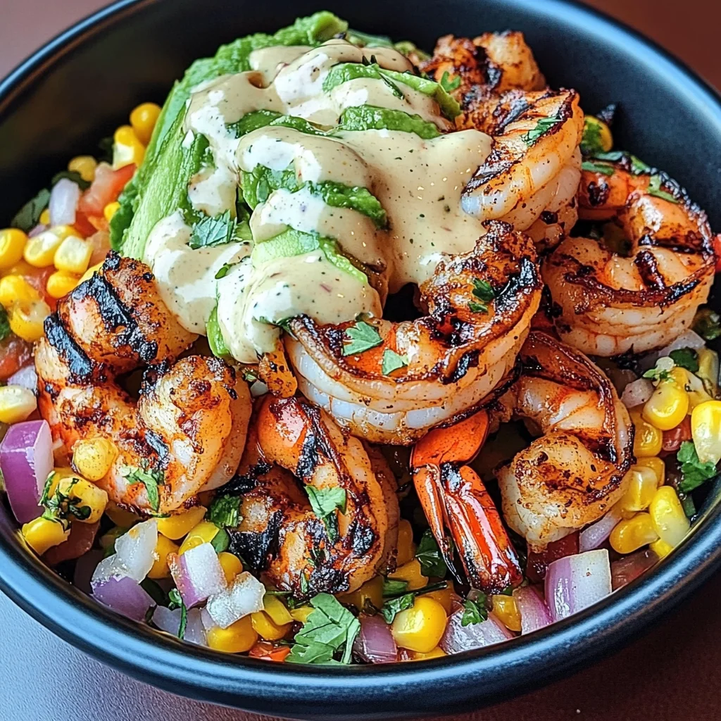 Grilled Shrimp Bowl with Avocado, Corn Salsa & Creamy Garlic Sauce