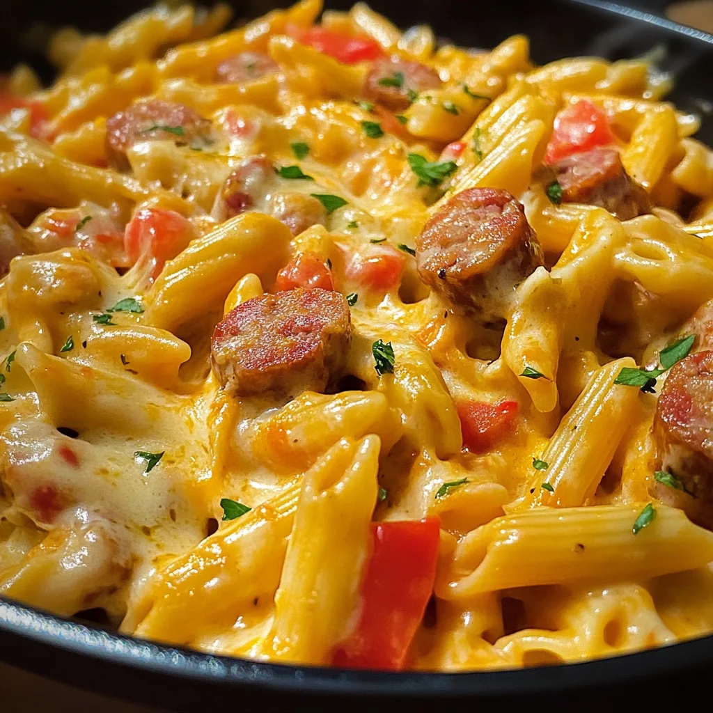 One-Pot Creamy Buffalo Cheddar Chicken & Sausage Pasta