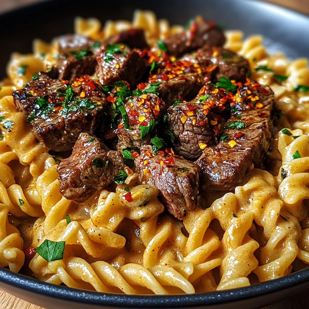 One-Pot Creamy Spicy Garlic Butter Steak & Pasta