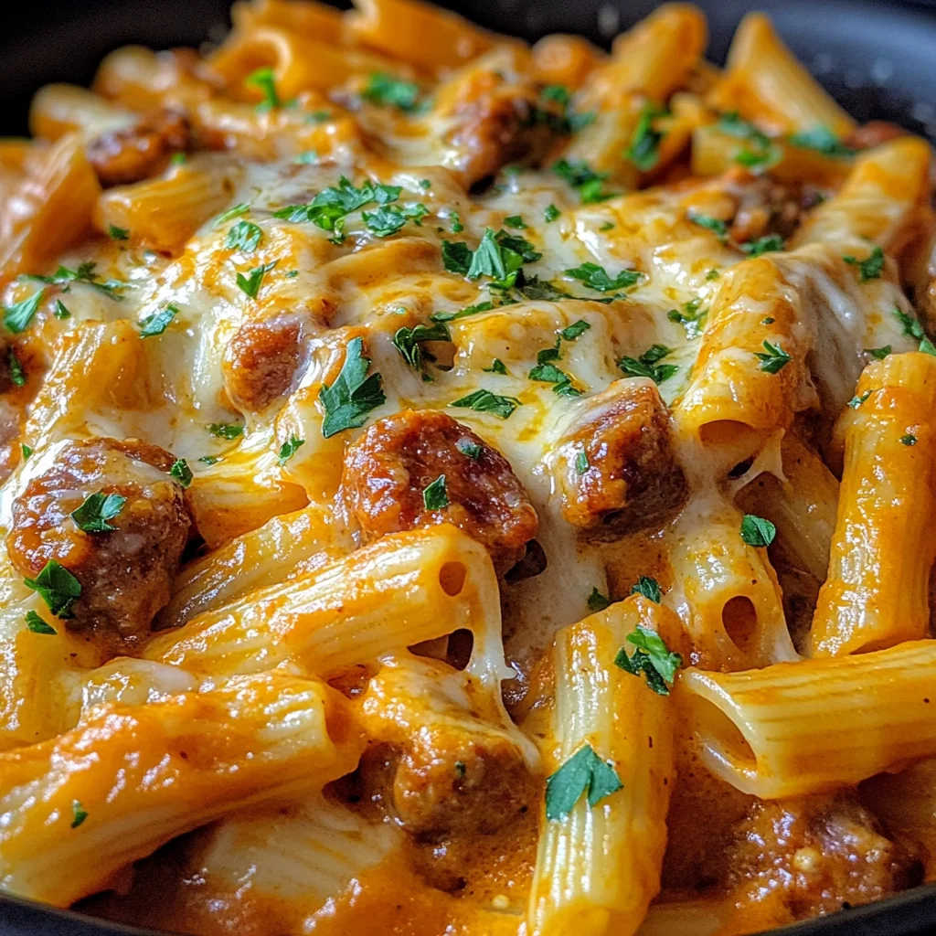 One Pan Creamy BBQ Cheddar Sausage Pasta