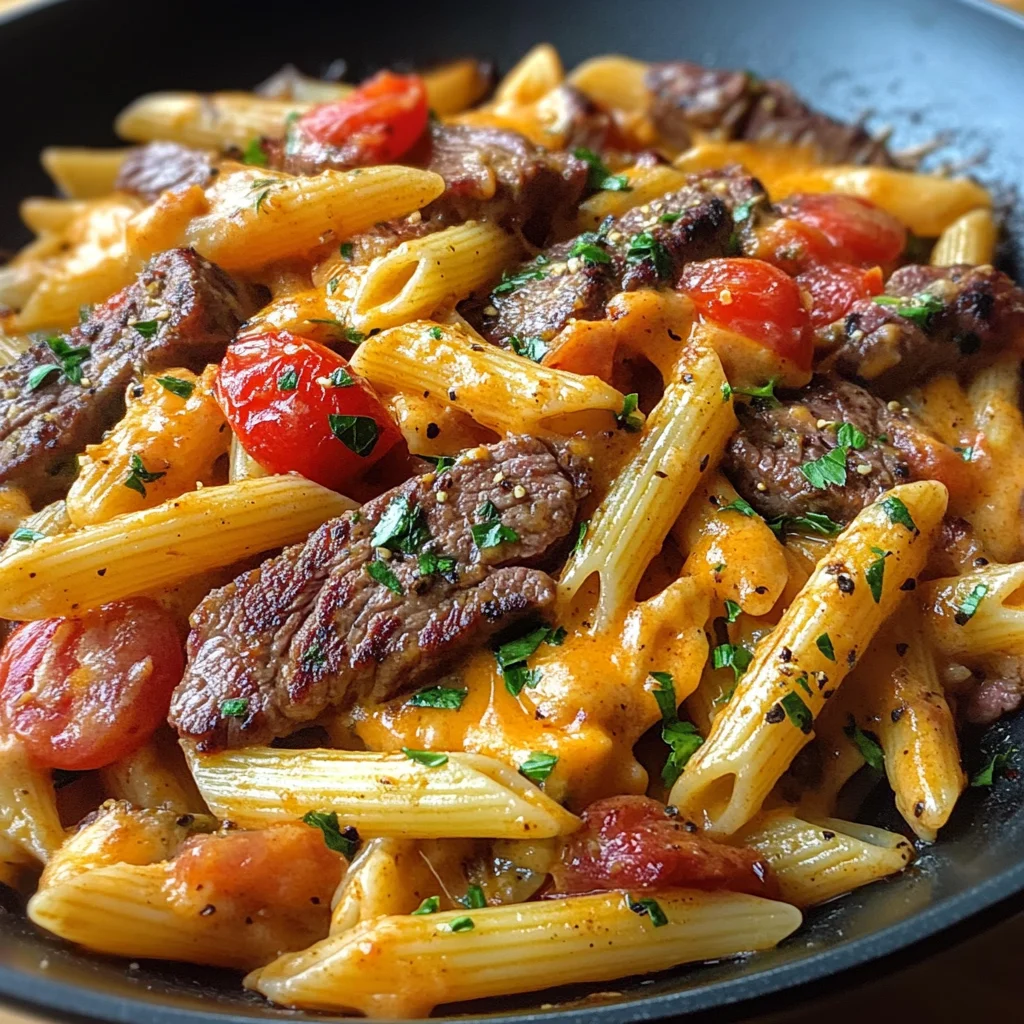 One Skillet Spicy Cajun Cheddar Steak Pasta