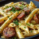 Sticky Garlic Butter Smoky Parmesan Sausage Pasta Skillet