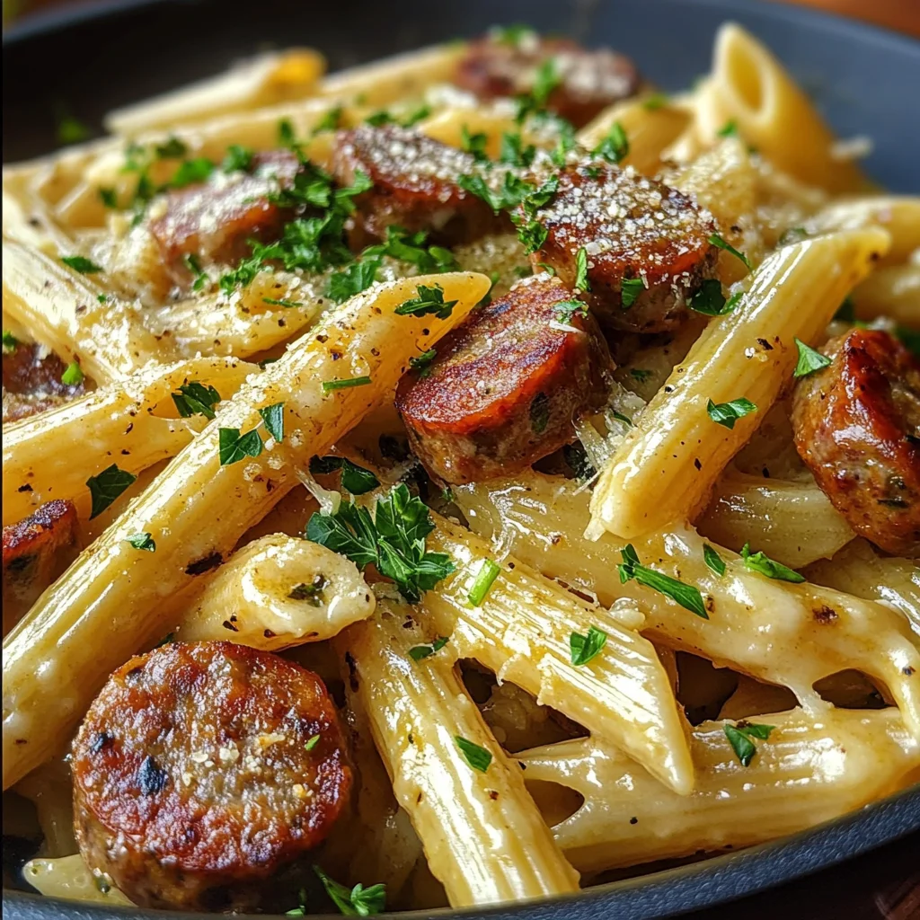 Sticky Garlic Butter Smoky Parmesan Sausage Pasta Skillet