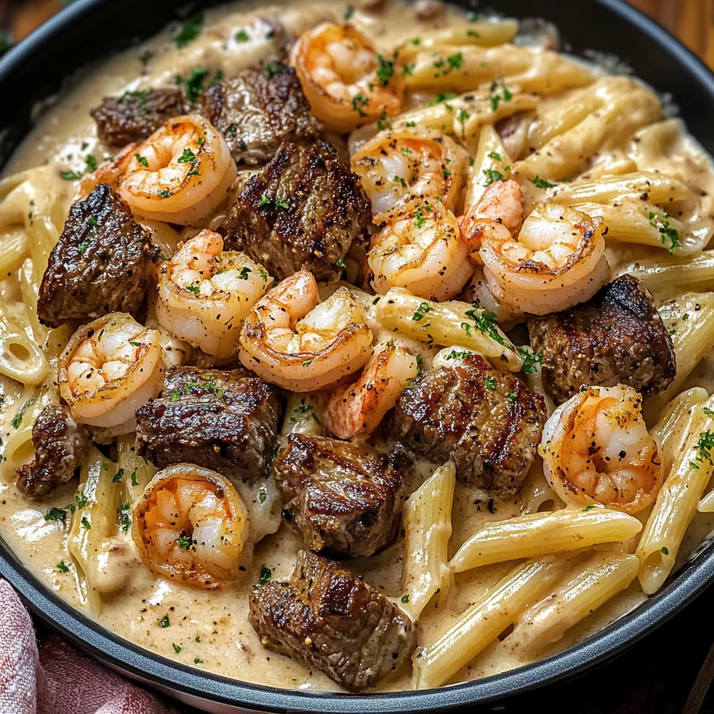 Blackened Steak and Shrimp Alfredo