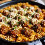 Cheesy One-Pan Honey BBQ Meatball Pasta