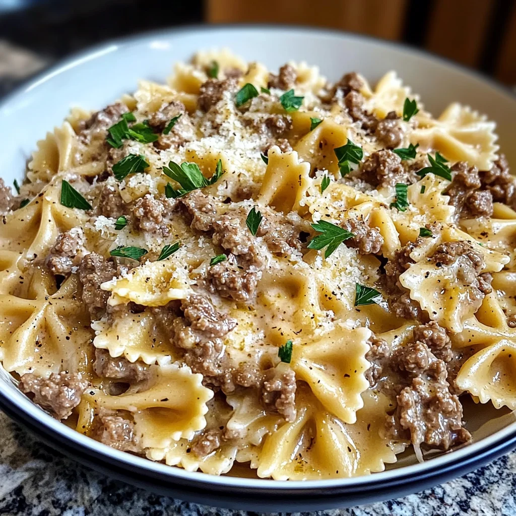 Creamy Parmesan Garlic Beef Bowtie Pasta