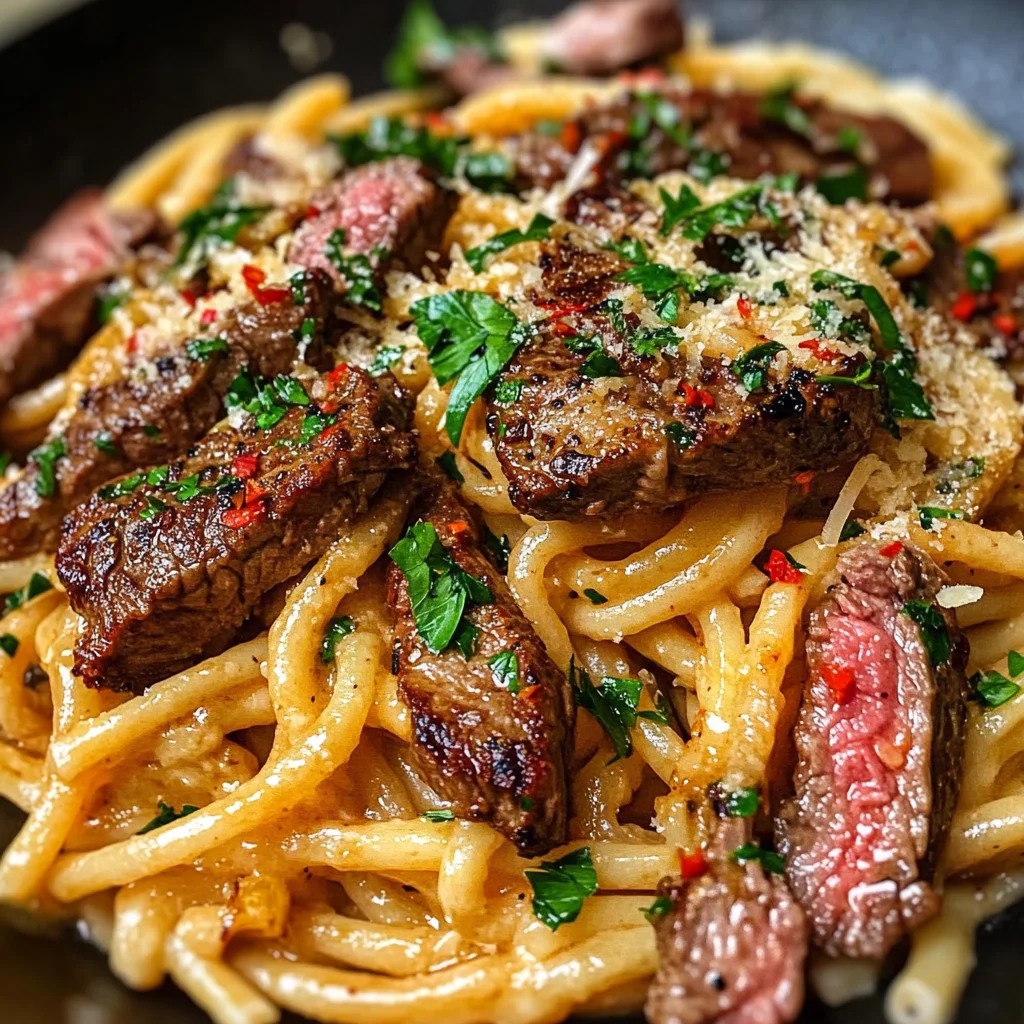One-Skillet Spicy Garlic Butter Parmesan Steak Pasta