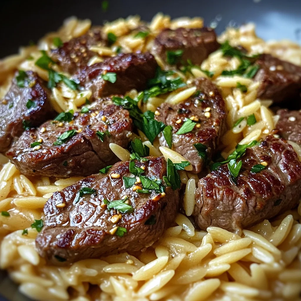 One Pot Creamy Garlic Butter Steak Orzo