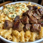 CAJUN STEAK TIPS WITH CHEESY RIGATONI PARMESAN SAUCE