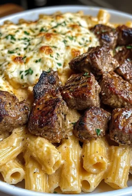 CAJUN STEAK TIPS WITH CHEESY RIGATONI PARMESAN SAUCE