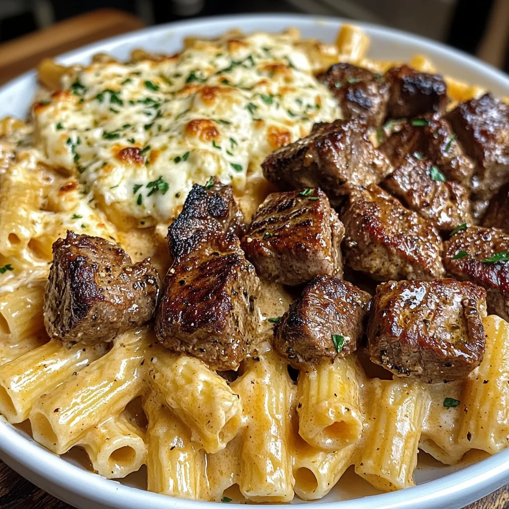 CAJUN STEAK TIPS WITH CHEESY RIGATONI PARMESAN SAUCE