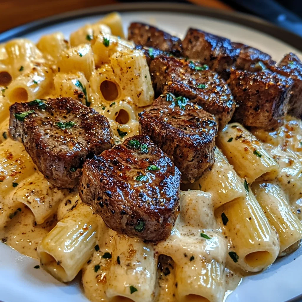 Cajun Garlic Butter Steak Bites with Creamy Three-Cheese Rigatoni