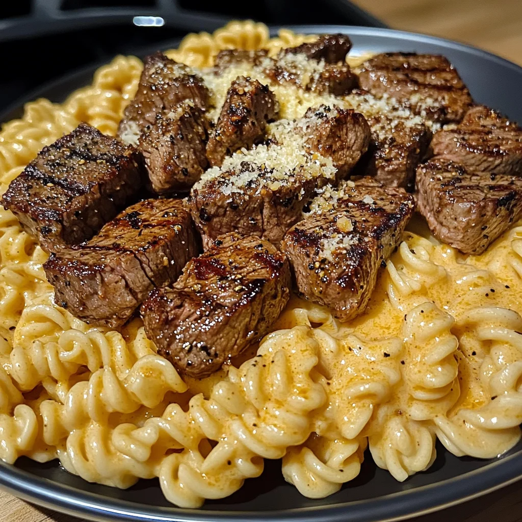 Cajun Garlic Butter Steak Tips with Cheesy Rotini Parmesan Sauce
