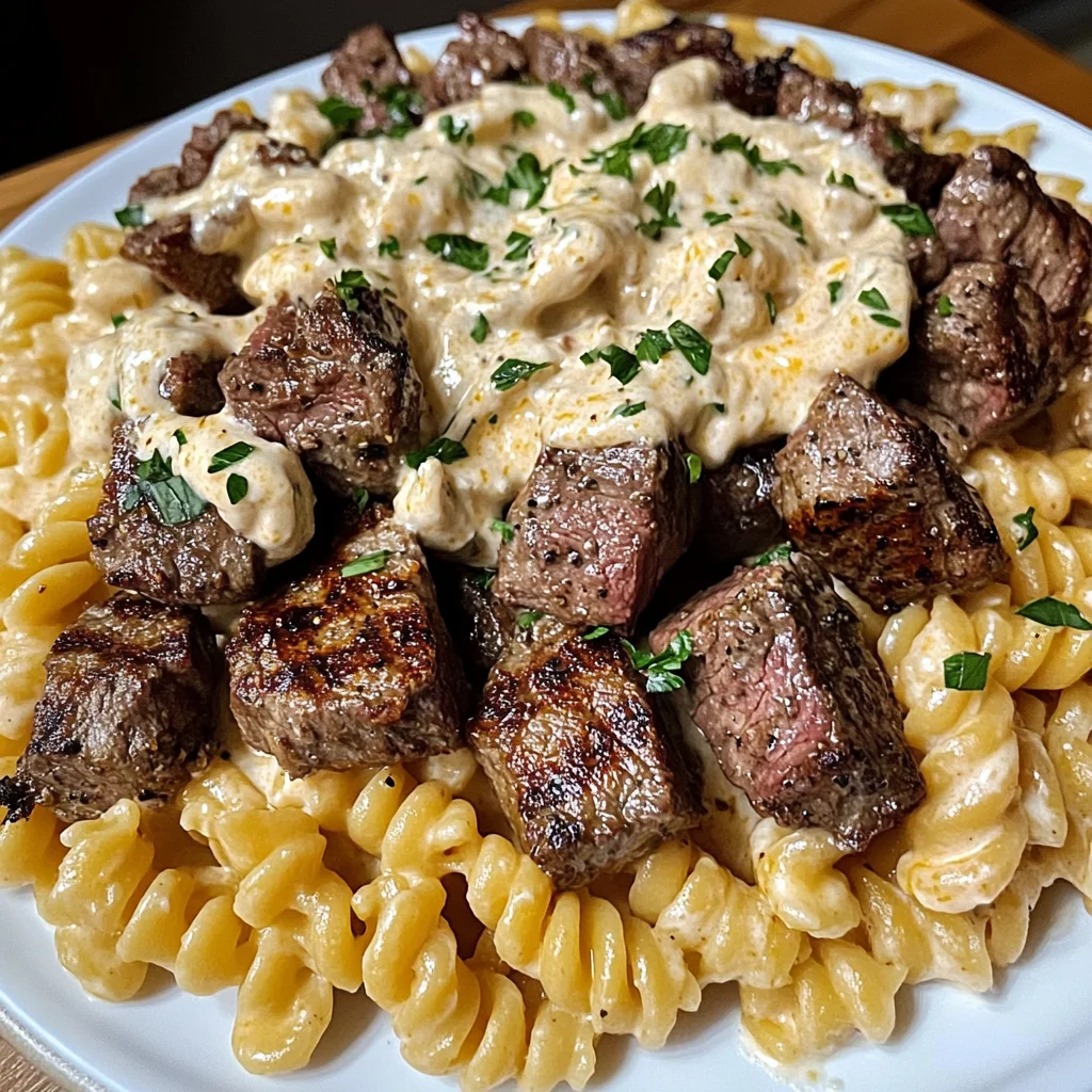Cajun Steak Tips with Creamy Parmesan Mozzarella Rotini