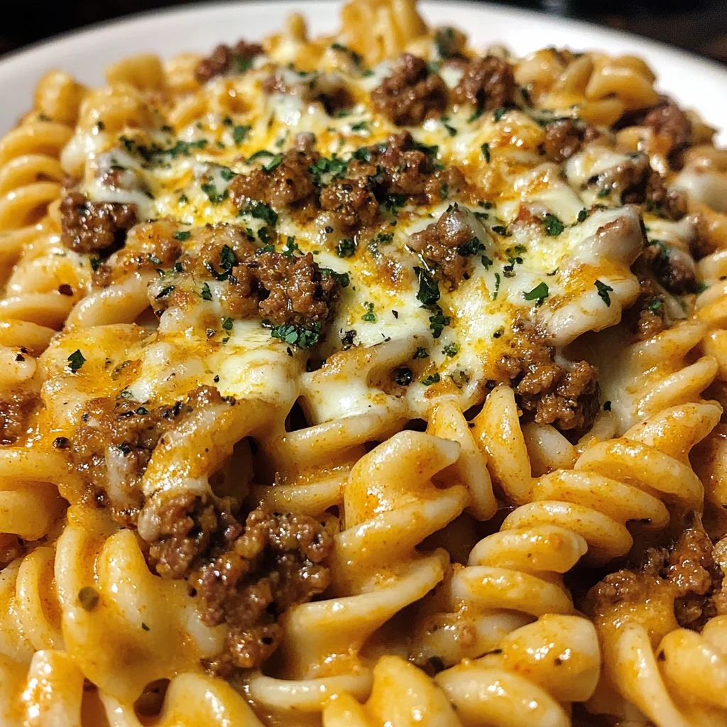 Cheesy Garlic Twisted Pasta with Cajun Ground Beef and Alfredo Velveeta