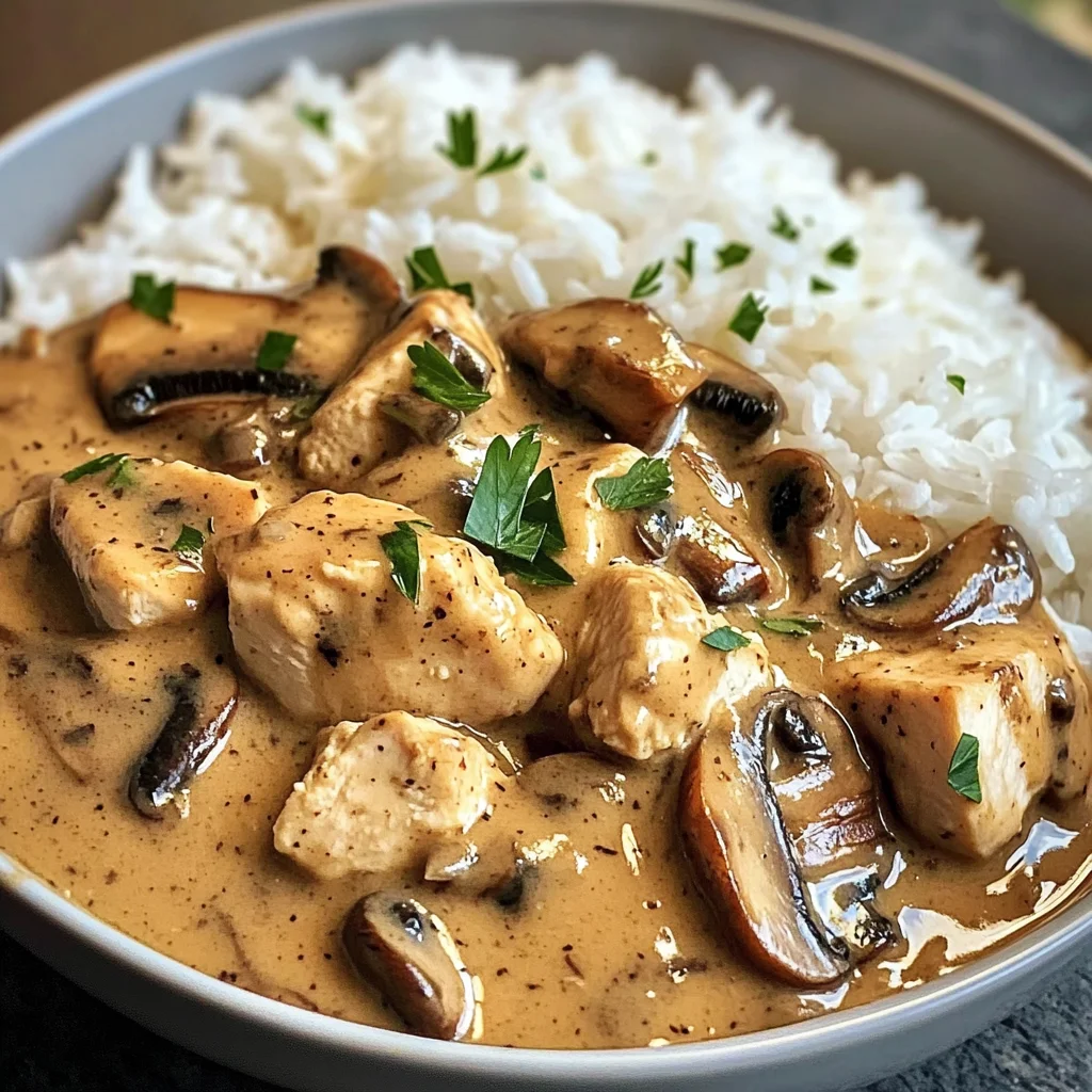 Creamy Chicken Mushroom Gravy Bowl with Fluffy Rice
