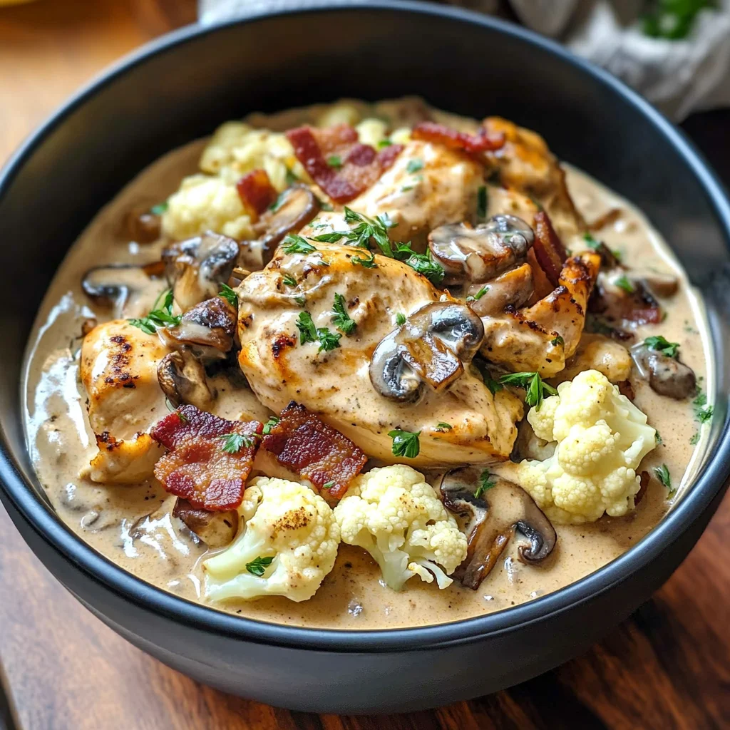 Creamy Chicken Stroganoff Bowl with Bacon, Mushrooms & Curry-Spiced Cauliflower