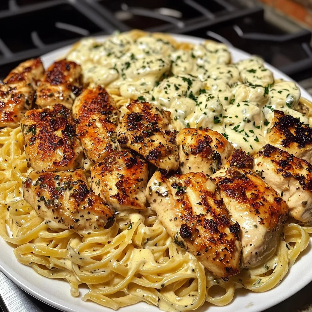 Creamy Garlic Butter Chicken & Linguine in Alfredo Sauce