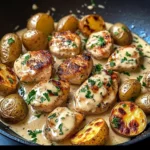Creamy Garlic Chicken Bites with Roasted Baby Potatoes