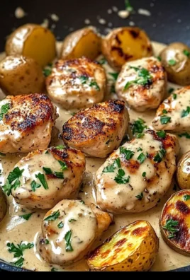 Creamy Garlic Chicken Bites with Roasted Baby Potatoes