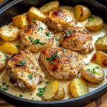 Creamy Garlic Chicken Thighs with Roasted Baby Potatoes