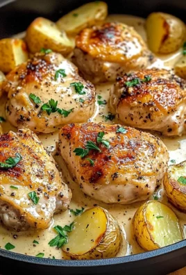 Creamy Garlic Chicken Thighs with Roasted Baby Potatoes