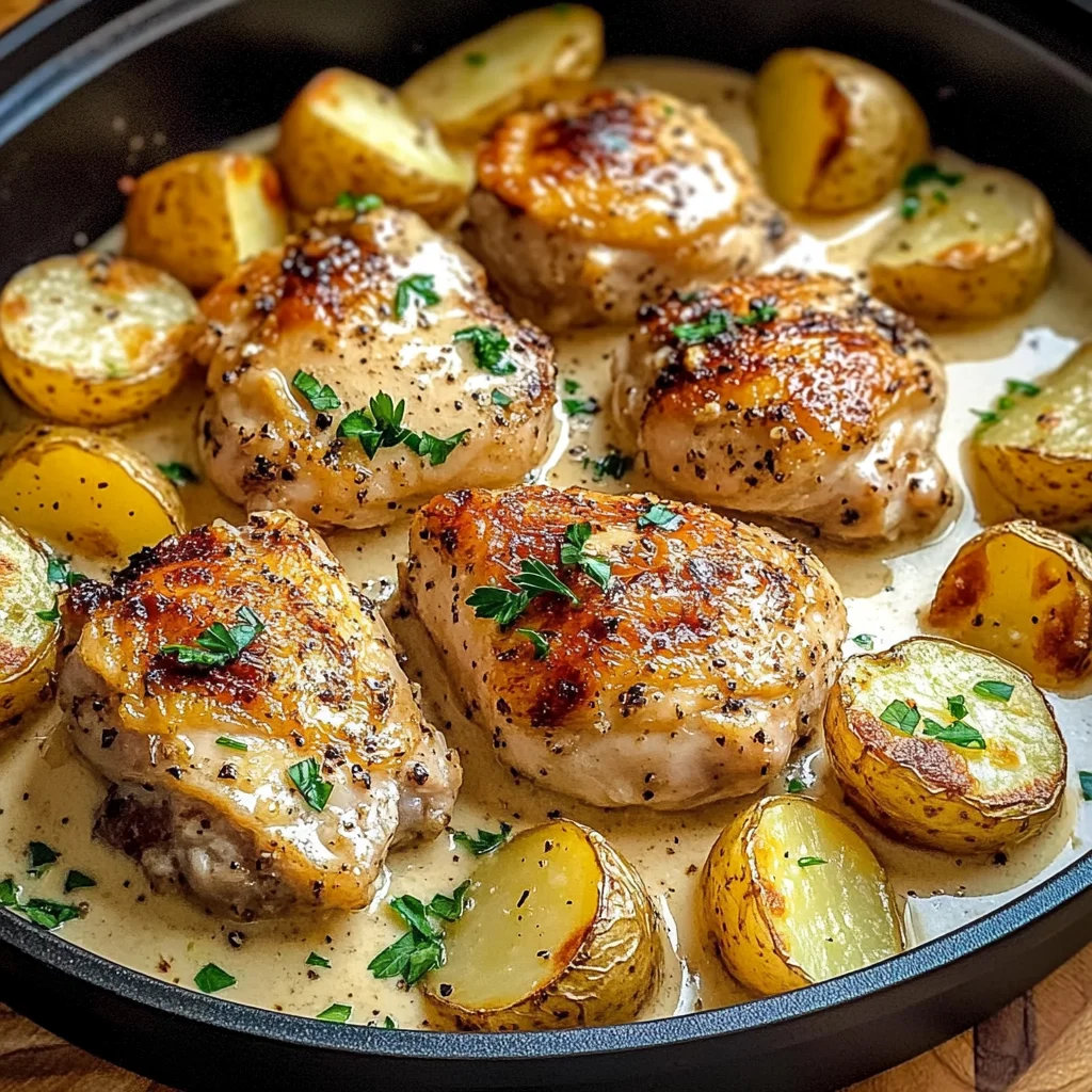 Creamy Garlic Chicken Thighs with Roasted Baby Potatoes
