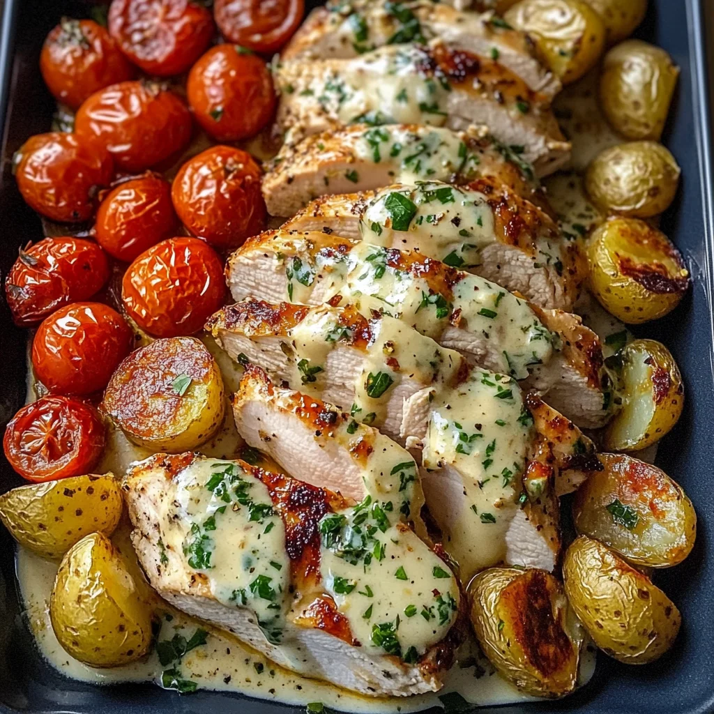 Creamy Garlic Chicken with Roasted Potatoes & Cherry Tomatoes
