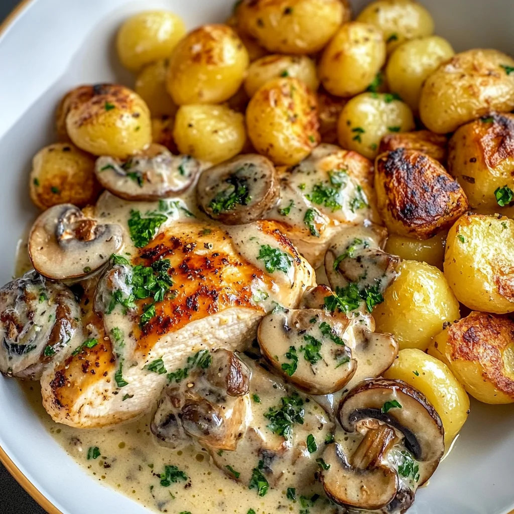 Creamy Garlic Mushroom Chicken with Gnocchi & Baby Potatoes