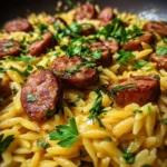 Creamy Smoky Garlic Butter Cheddar Sausage Orzo