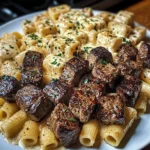 GARLIC BUTTER STEAK BITES & CREAMY ALFREDO RIGATONI for dinner