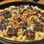Garlic Butter Steak Bites & Creamy Caramelized Onion Mac Skillet