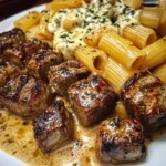 Garlic Butter Steak Tips with Cheesy Rigatoni in Mozzarella Sauce