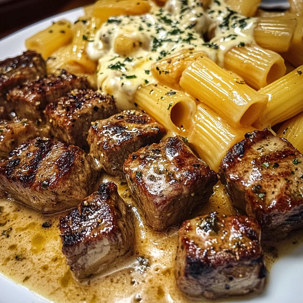 Garlic Butter Steak Tips with Cheesy Rigatoni in Mozzarella Sauce