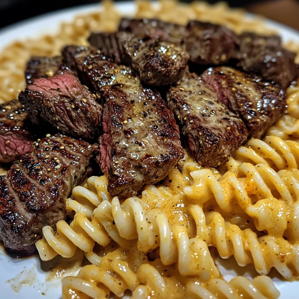 Garlic Butter Steak Tips with Cheesy Rotini in Cheddar Sauce