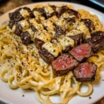 Garlic Butter Steak with Cheesy Linguine in Four-Cheese Sauce
