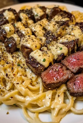 Garlic Butter Steak with Cheesy Linguine in Four-Cheese Sauce