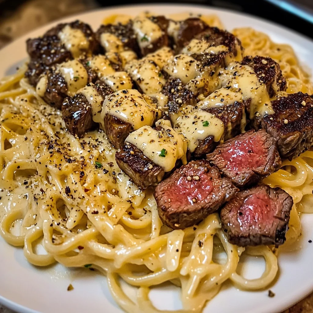 Garlic Butter Steak with Cheesy Linguine in Four-Cheese Sauce