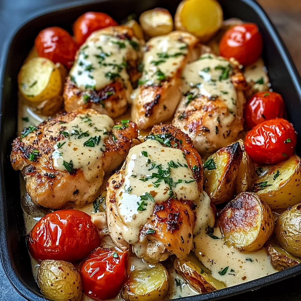 Garlic Herb Chicken with Creamy Sauce & Roasted Potatoes A One-Pan Wonder