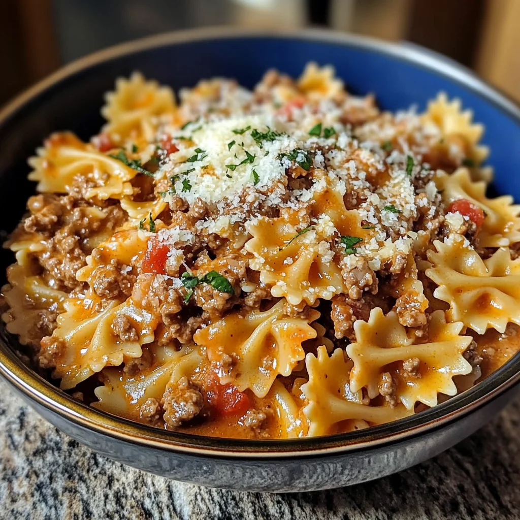 Garlic Parmesan Bowtie Pasta with Creamy Beef