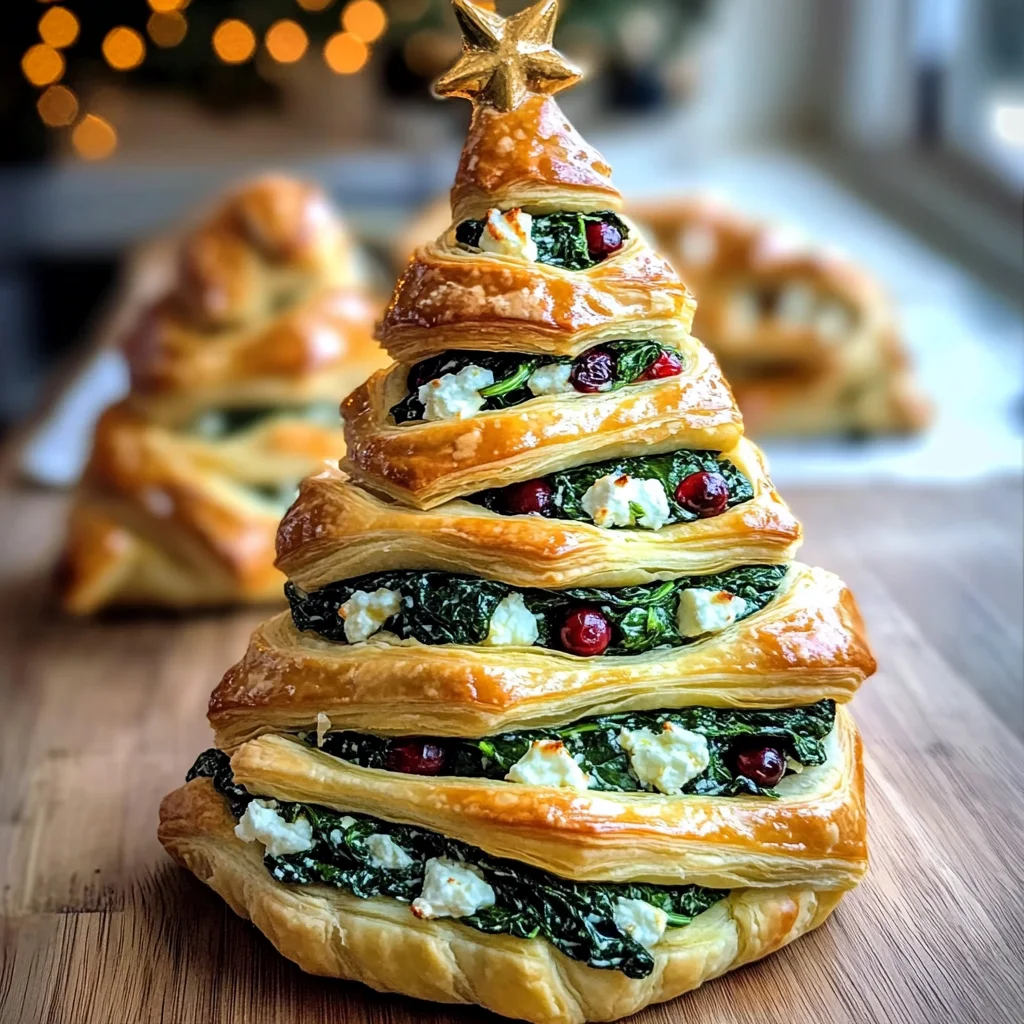 Golden Puff Pastry Christmas Tree Filled with Creamy Spinach, Feta & Cranberries