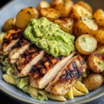 Grilled Chicken with Creamy Avocado, Roasted Potatoes, and Pasta